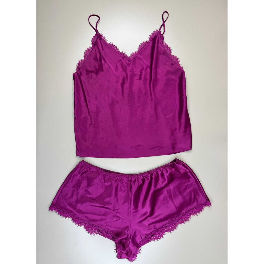 Victoria's Secret Satin Lace Pajama Set Women L Magenta Cami Shorts Boudoir Glam - Picture 2 of 14